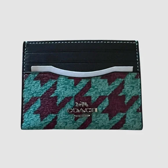 Coach Slim ID Card Case w/Houndstooth Print Teal/Wine/Silver, NWT - Picture 2 of 8